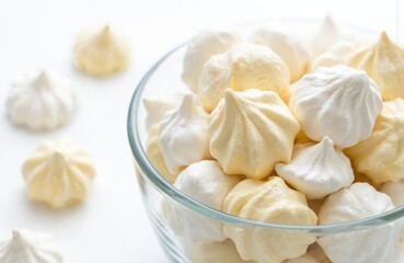 Close-up of light yellow and meringue cookies in a clear glass bowl. These perfectly baked sweet treats showcase a fluffy texture, ideal for culinary blogs or bakery advertising.