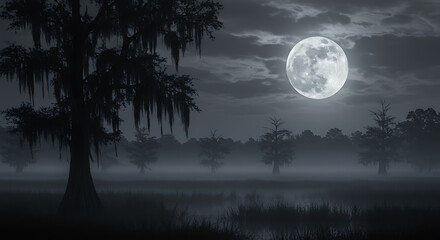 Fototapeta premium Eerie Moonlit Swamp Scene with Cypress Trees and Spanish Moss in the Foggy Night Landscape