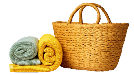 Obraz premium Rolled towels next to woven basket, isolated on white or transparent background