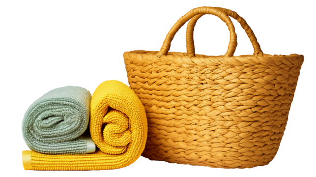 Rolled towels next to woven basket, isolated on white or transparent background