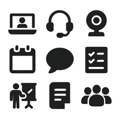 Remote Work Icons. Solid, filled icon set of remote work meetings: laptop, headset, webcam, calendar, chat bubble, task list,