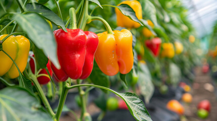 Red and Yellow Bell Peppers Growing in Greenhouse