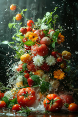 Fresh Fruits and Flowers Splash with Water Drops in Dramatic Light