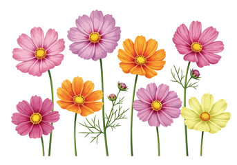 Vector illustration of a watercolor painting of various cosmos flowers in pink, purple, yellow, and orange hues