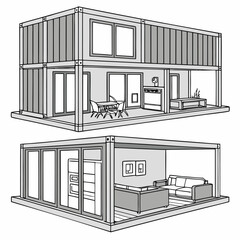 Modern Shipping Container Home, Container house, Container custom home design Plan with Interior Furnishings, Detailed Vector Illustration in Top View for Architectural and Real Estate Design