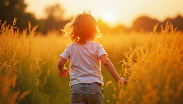 Young child running through golden field at sunset  
