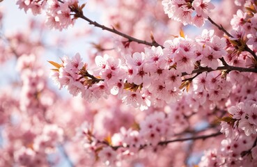 Close-up of beautiful pink sakura blossoms on a tree branch on a sunny spring day. Soft focus bokeh background with copy space. Nature beauty in full bloom.