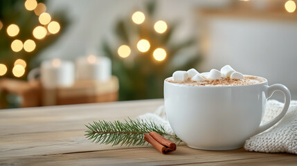 White cup of hot cocoa with marshmallows, cinnamon stick, and fir twig.