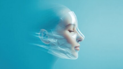 Obraz premium Floating Transparent Face Mask Highlights Natural Beauty Against a Light Blue Background