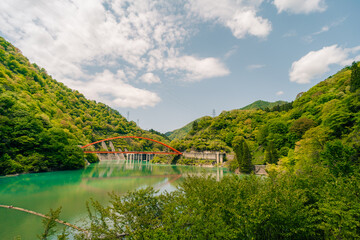 Kurobe Gorge Railway red bridge, Japan