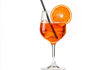 Aperol spritz cocktail drink with ice and orange slice garnish in wine glass on a white background.