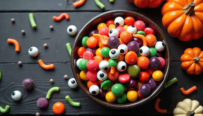 Colorful Halloween candy bowl with pumpkins on dark wooden background  