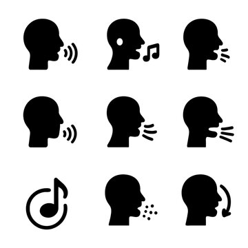 Singing Techniques Icons. Solid, filled icon set of singing techniques: vibrato, falsetto, chest voice, head voice, breath control