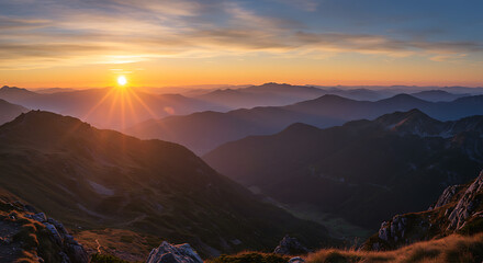 Sunlit Mountain Majesty Golden Hour Serenity Breathtaking Landscape Panorama