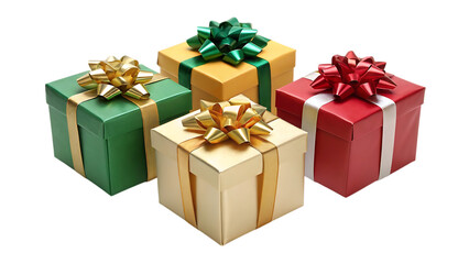 Four colorful gift boxes with festive bows isolated on transparent background