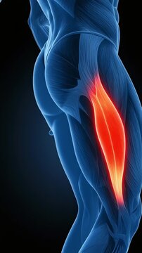 Medical 3D CG depicting pain and muscle tension in a man's vastus lateralis, highlighting inflammation and injury（vertical video）