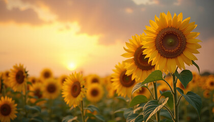 Obraz premium Sunflowers blooming in a field under sunset sky 