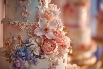 Stunning wedding cake adorned with delicate sugar flowers in pastel shades, perfect for elegant celebrations and romantic events, a beautiful centerpiece for memorable occasions