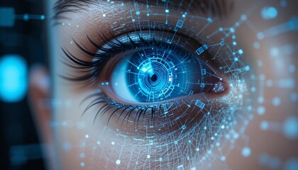 Cyber Eye: A close-up shot of a human eye, overlaid with a futuristic cybernetic interface, depicting a fusion of technology and the human form.