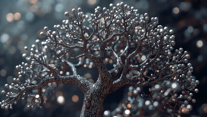 A tree made of metal and beads with a silver trunk and branches