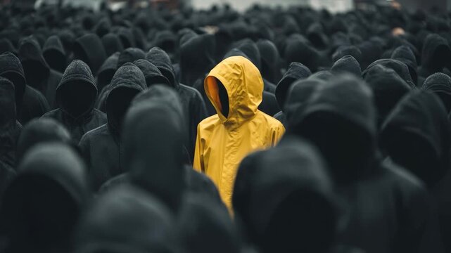 Unique individual yellow raincoat stands out, representing individuality an anonymous dark crowd