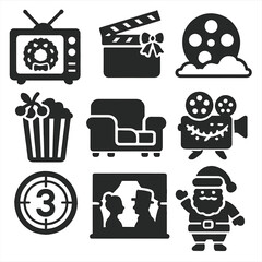 Holiday Movie Icons. Solid style icons of classic holiday movies and shows: retro TV with wreath, clapperboard with bow, film reel