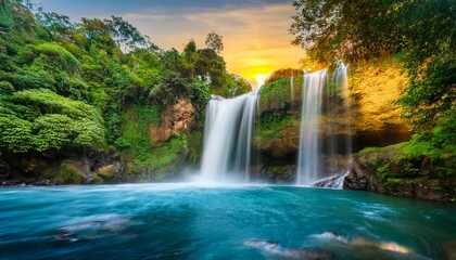 Obraz premium a waterfall with a green forest in the background the waterfall is surrounded by green plants and trees the water is blue and the sky is yellow the scene is peaceful and serene
