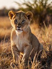 Baby Lion Sitting on the Savannah Grass at Sunset – Wildlife Portrait