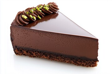 Decadent chocolate cake slice with pistachio garnish and glossy chocolate glaze on a white background.