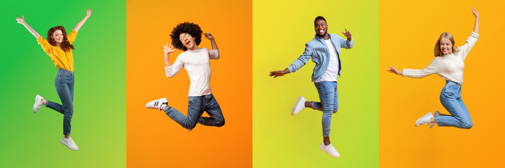 Four individuals express happiness in a lively setting with bright backgrounds. Their diverse lifestyles and energetic poses celebrate unity in diversity, showcasing different hair and fashion styles.