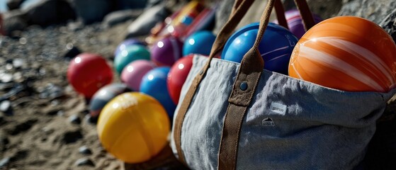 Colorful beach balls in a denim tote bag on a sandy beach, ready for summer fun and outdoor games on a sunny day Concept of vacation, leisure, and recreation