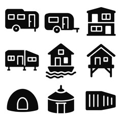 Innovative Housing Icons. Solid style icons of mobile and alternative housing: RV camper, trailer home, container house, modular