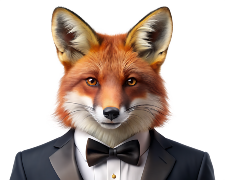 Close-up Portrait of a Dressed Fox in a Tuxedo and Bow Tie animal anthropomorphic isolated on a transparent background