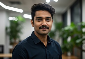 Portrait of a young indian man with a mustache wearing a dark collared shirt in a modern office environment