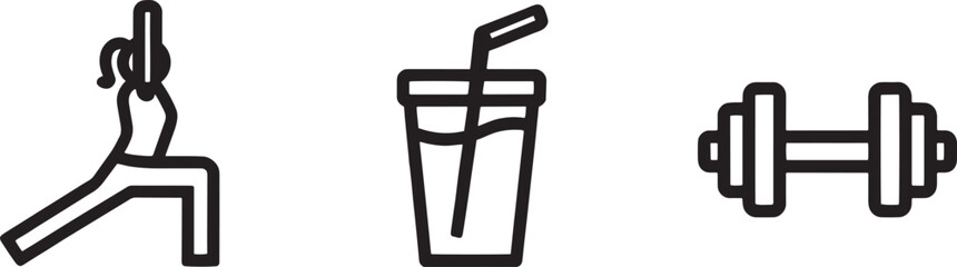 Simple white line art icons representing yoga, a healthy drink and a dumbbell on a white background for fitness and wellness concepts