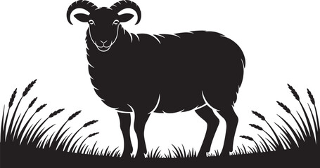 Silhouette Ram with Curved Horns Standing in Grassy Field Against Transparent Background Vector Art