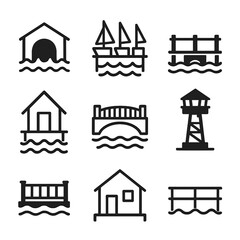 Naklejka premium Waterfront Architecture Icons. Solid, filled icon set of waterfront architecture: boathouse, marina, boardwalk, waterfront
