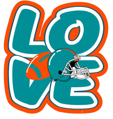 Love” written in bold rounded letters with a football and helmet at the center of the word. Sports graphic design for fans, with orange, Aqua, white and blue colors, perfect for football enthusiasts