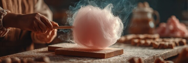 Cotton candy being freshly spun in a cozy workshop decorated with sweet treats