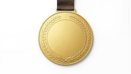 Shiny gold medal with laurel wreath design hangs on dark ribbon against clean white background. Award victory, achievement, top placement in competitions like sports academic contests. Represents