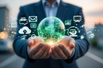 Man Holding Holographic Earth with Digital Network Icons - Global Connectivity and Technology Concept
