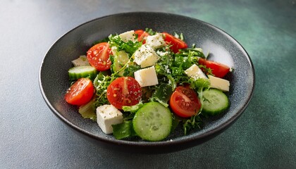 fresh green salad with vibrant tomatoes crisp cucumbers and a hint of cheese a healthy and delicious vegetarian meal
