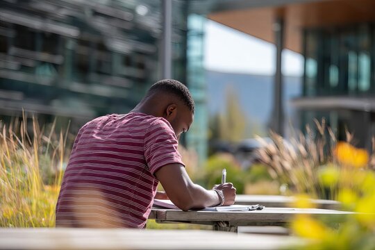 A focused young man enjoys writing outdoors surrounded by vibrant greenery and sunlight creating a serene atmosphere for creativity - Powered by Adobe