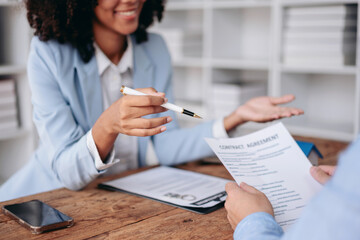 Home Purchase Contract Agreement Meeting with Real Estate Agent for Adult People Consulting and...