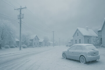 Fototapeta premium Winter scene featuring a snow-covered street with a parked car and houses, creating a tranquil and peaceful ambiance in the neighborhood