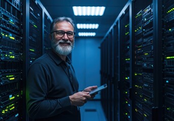 Smiling bearded man in glasses holds tablet while working amidst rows of server racks in a data center