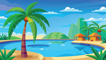 Obraz premium Tropical Paradise Escape with Palm Trees, Lagoon, and Cabanas on a Sunny Day