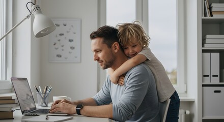 Cozy Home Office Scene: A focused father, working diligently on a laptop, receives an affectionate embrace from his playful child in a bright, inviting home office.