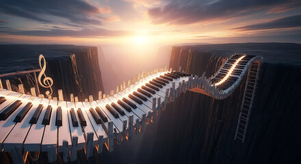 A surreal landscape featuring a piano keyboard forming a bridge between cliffs at sunset, symbolizing the power of music to connect, inspire, and transport us to a world of dreams and imagination