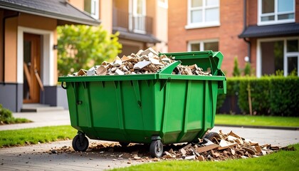 Green dumpster overflowing with construction debris in front of houses
